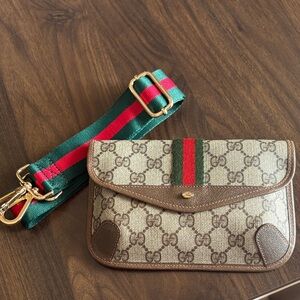 Gucci Beige and Brown Crossbody Bag with Green Strap